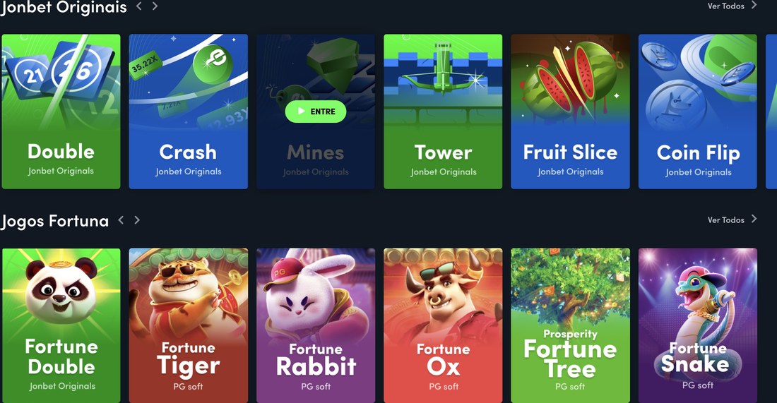 Lobby de jogos da Jonbet: Jonbet Originais (Crash, Mines, Double) e Jogos Fortuna da PG Soft (Fortune Tiger, Fortune Ox)
