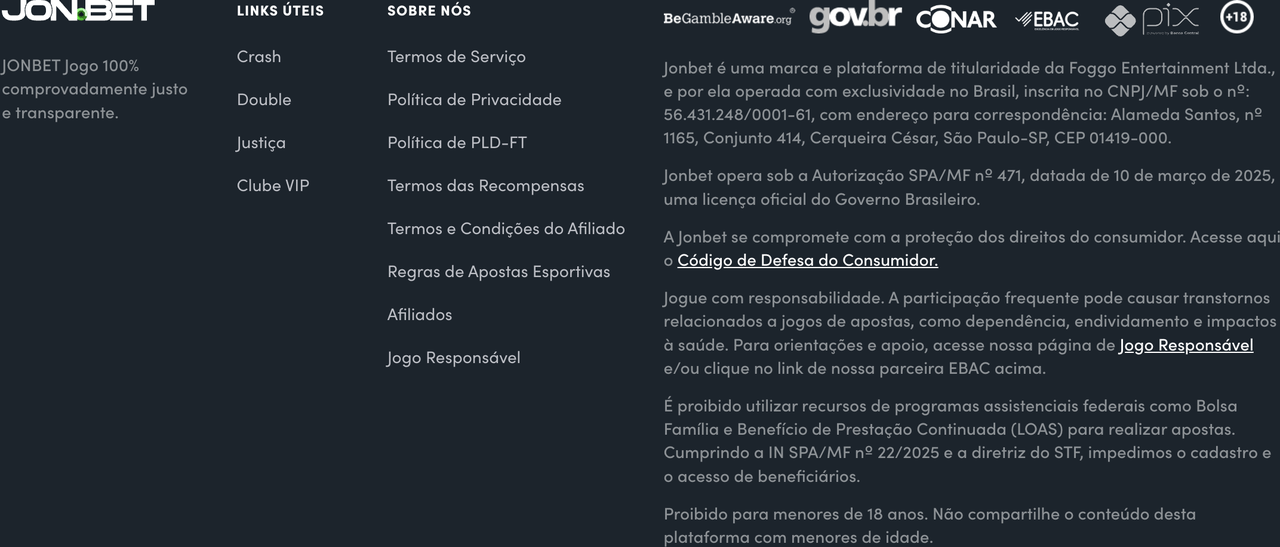 Rodapé oficial da Jonbet com selos gov.br, CONAR, EBAC e Pix e a autorização SPA/MF nº 471/2025