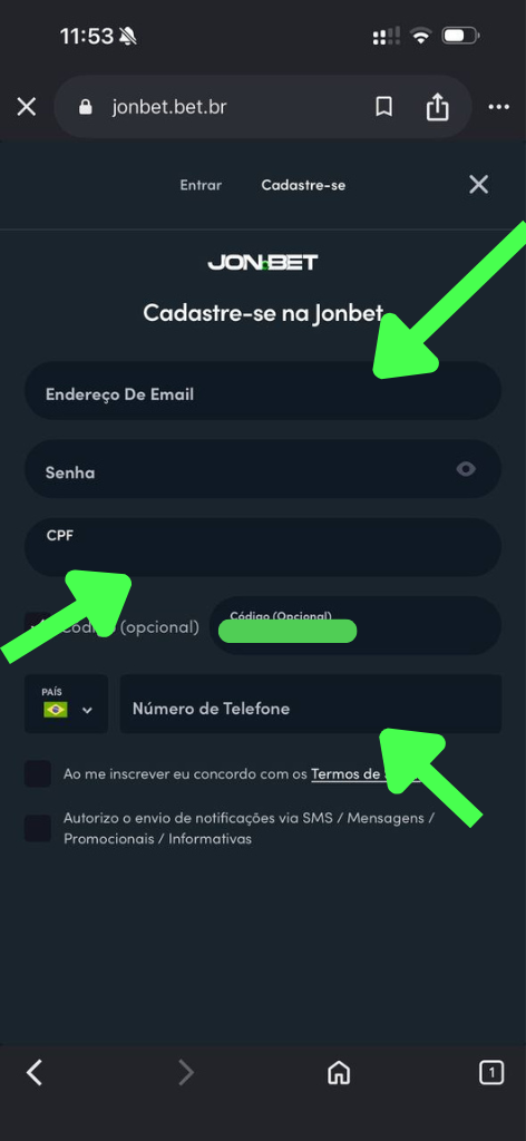 Formulário de cadastro da Jonbet: e-mail, senha, CPF e número de telefone.
