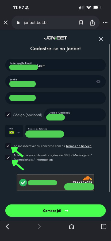 Formulário preenchido com aceite dos termos e botão Comece já.