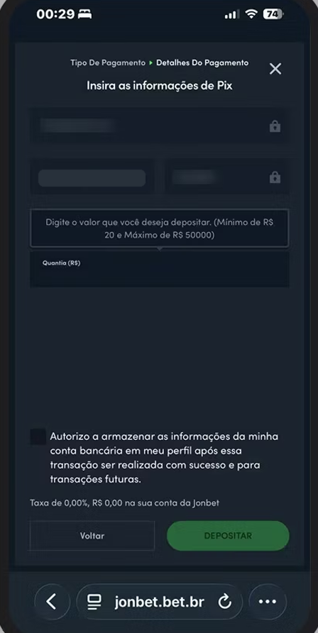 Tela real da Jonbet: depósito via Pix, informe o valor (mínimo R$20)