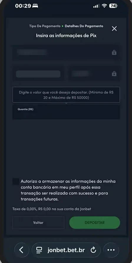 Tela real da Jonbet: depósito via Pix, informe o valor (mínimo R$20)