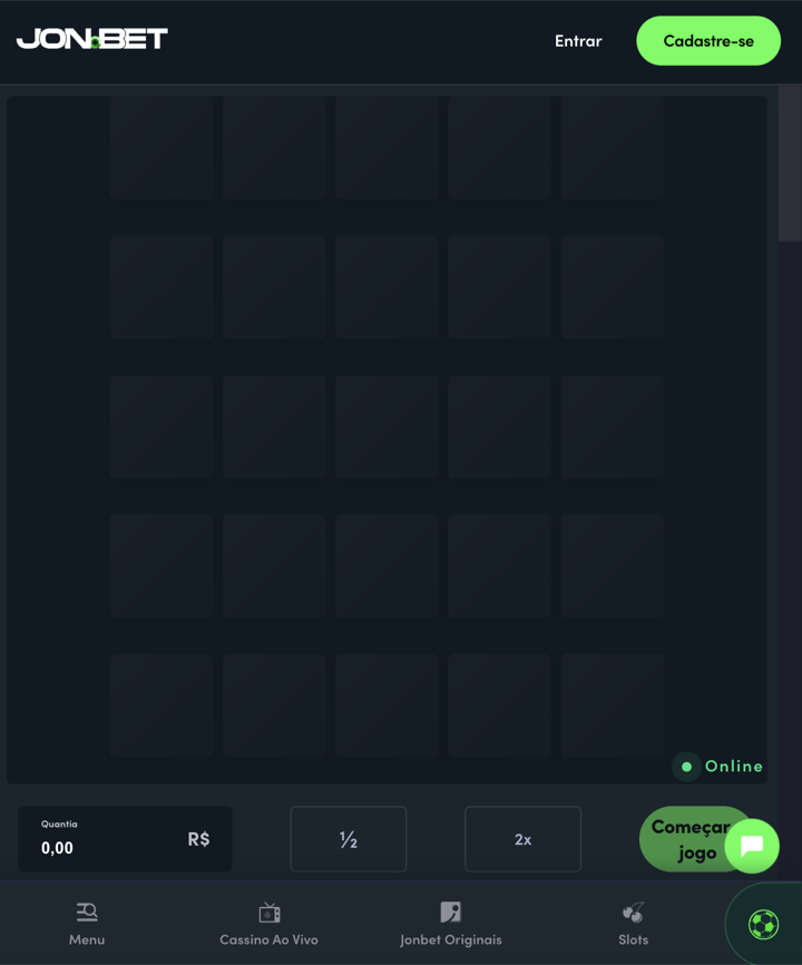Tela do Mines aberto na Jonbet com grid 5x5