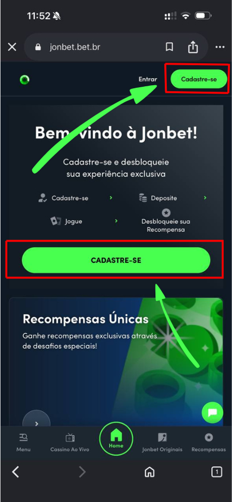 Página inicial da Jonbet (jonbet.bet.br) com botão Cadastre-se