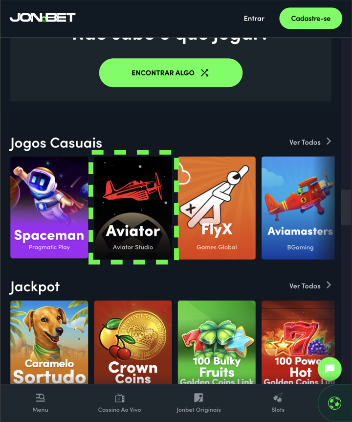 Aviator em destaque na seção Jogos Casuais do lobby