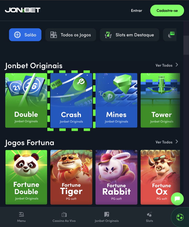 Crash em destaque na seção Jonbet Originais do lobby