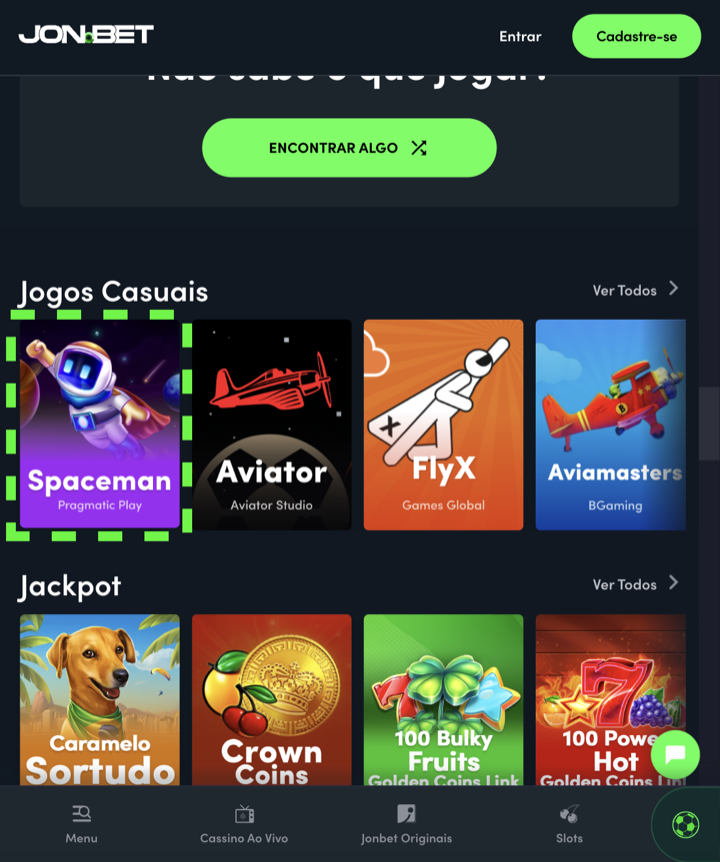 Spaceman em destaque na seção Jogos Casuais do lobby