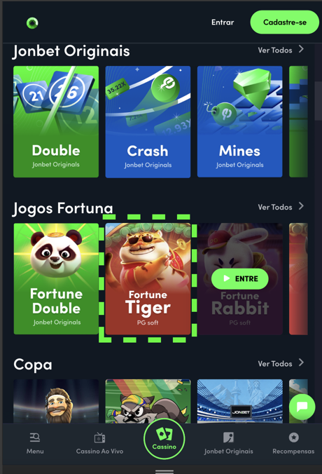 Lobby do cassino da Jonbet com o jogo Fortune Tiger em destaque