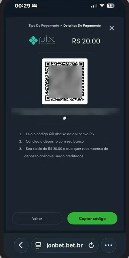 Depósito via Pix na Jonbet — QR Code de R$20